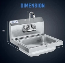 Stainless Steel Wall Mount Hand Wash Basin NSF Certified 17x15 with Gooseneck...