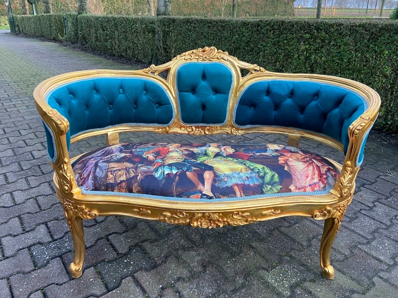 Sofa Couch French Louis XVI Corbeille Royal Blue Velvet Scenic Fabric Vintage