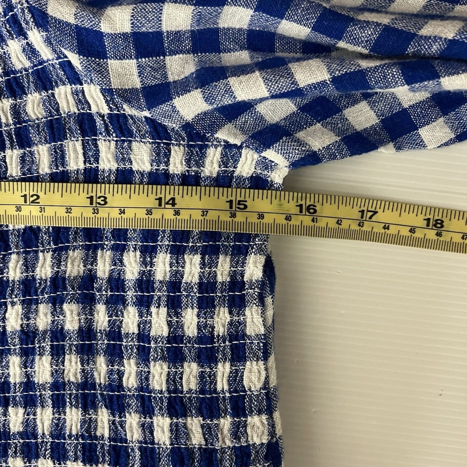 Blue Gingham Linen Blend Dress Womens 10 Check Puff Sleeve Midi Cottage ...