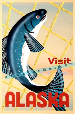 Visit Alaska 1960 Fishing Vintage Poster Print Art Retro Style Travel Advert
