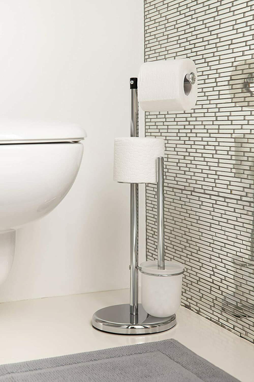 Toilet Roll Holder Free Standing Stand with Toilet Brush Stylish Chrome