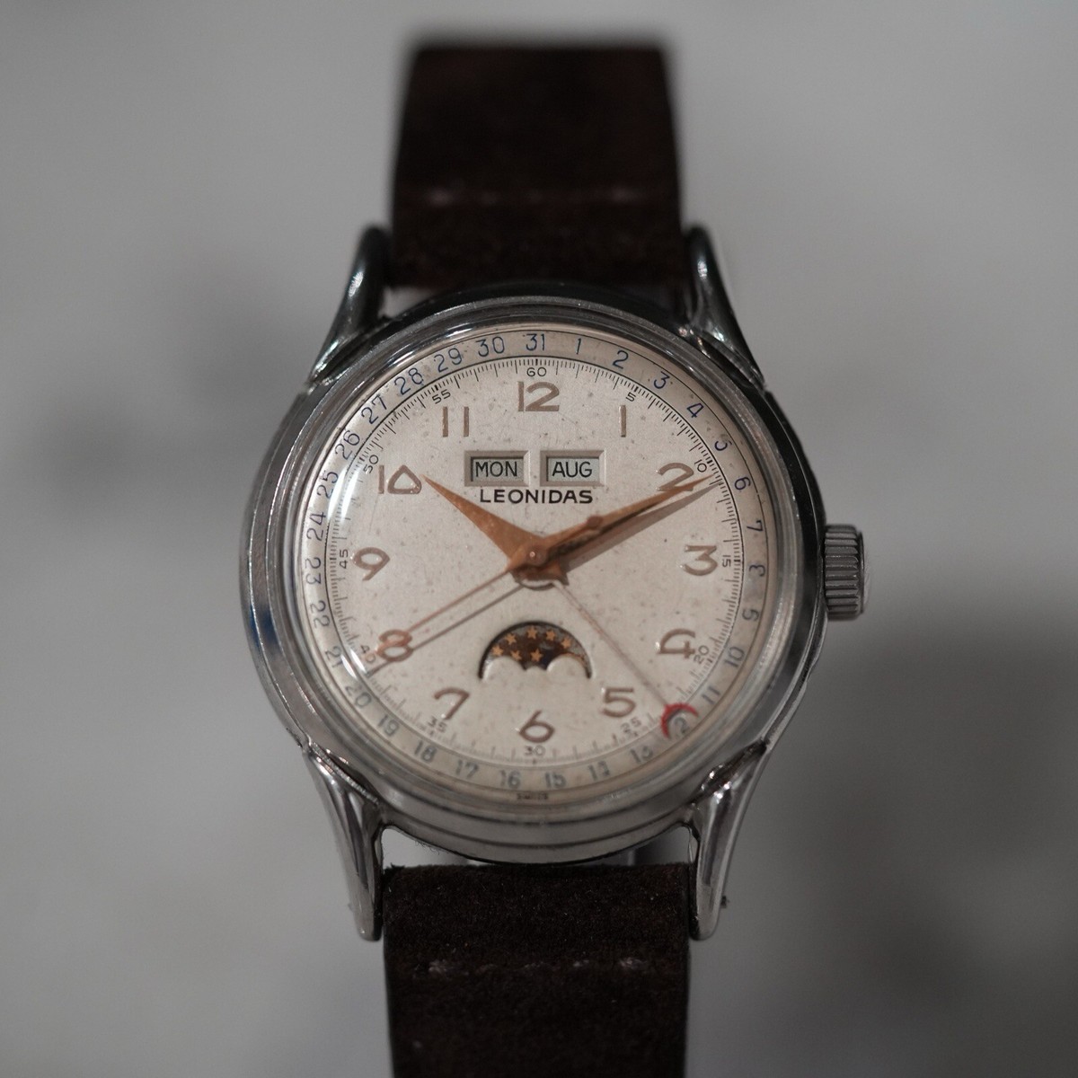 Vintage Leonidas (Pre Heuer) Triple Date Moon Phase Swiss Watch