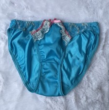 Vintage Shiny Blue Nylon Panty Slippery Floral Lace Sissy Bikini SZ.5 Hip 34-36"