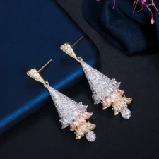 Gorgeous Multi-Tone Gold Plated Cubic Zirconia Women Long Dangle Drop Earrings