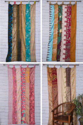 5Pcs Indian Silk Sari Patchwork Curtain Drape Handmade Window Decor Boho Curtain