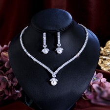 Trendy Dangle Drop Silver Plated CZ Party Pearl Necklace Earrings Jewelry Set