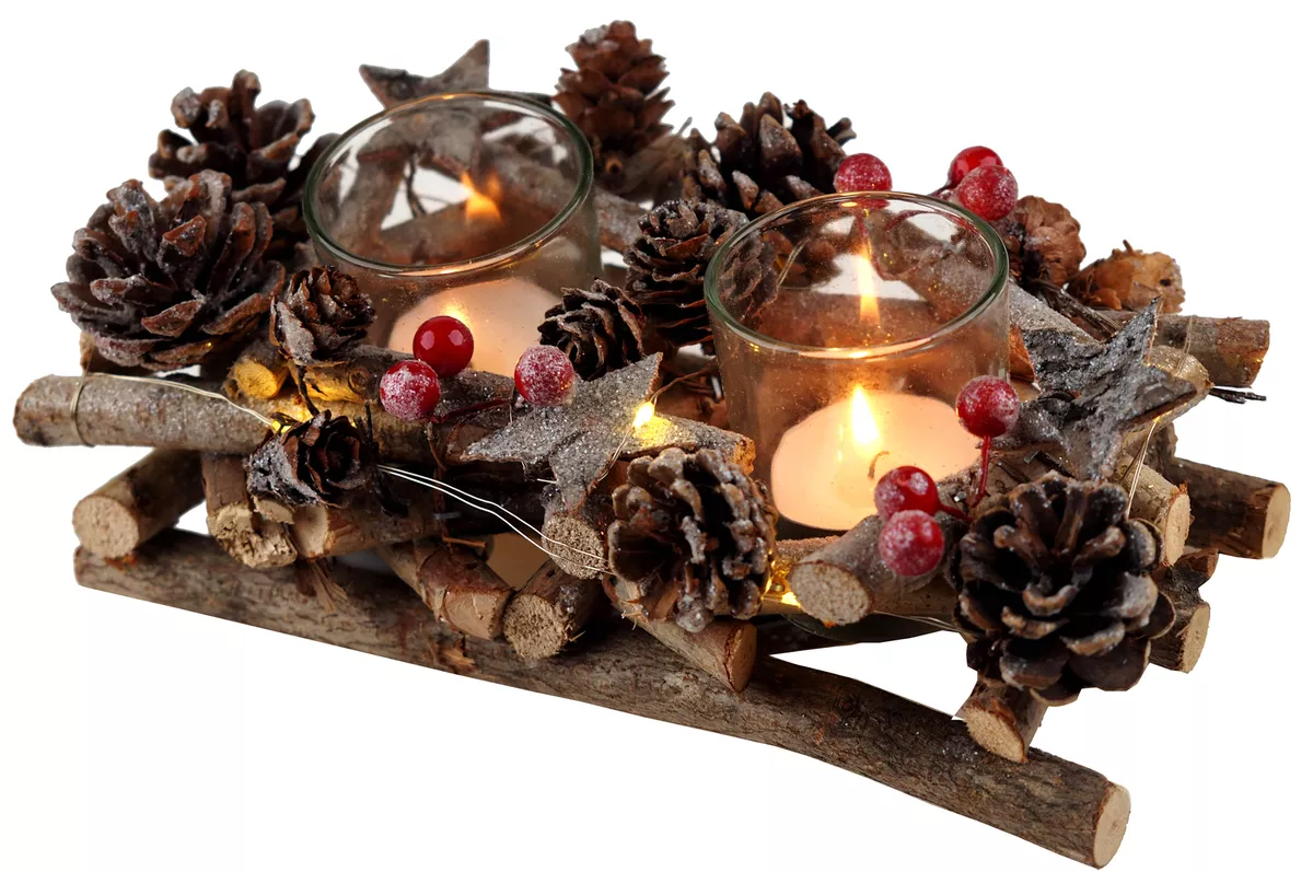 Christmas LED Light Up Berry Table Centre Piece 2 Candle Holder Decoration