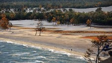 Landscape nature far view trees beach sand forest water Custom Gaming Mat Desk