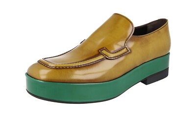 PRADA Leather Platform Loafer Business Shoes - 2DG117 Mustard Green NEW - 10 44