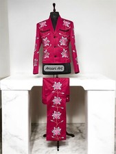 Men Maroon 2Pc Customized Floral Embroidered Rhinestones Western Wedding Outfit