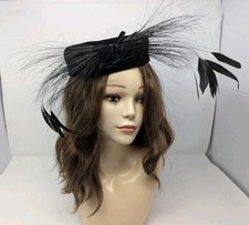 Vintage Black Velvet Fascinator Hat Feather Spray Cocktail Headpiece 21"