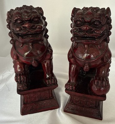 2 Chinese Foo Fu Temple Guardian Lion Dogs Red Resin 6.5  Figurine/Bookends