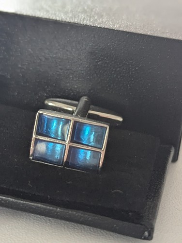 Vintage Blue Enamel Cufflinks Silver Tone Retro Square Mens
