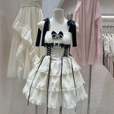 Romantic Party Short Dress: White Lace, Black Bow, Tiered, Ruffle, Pearl Accents