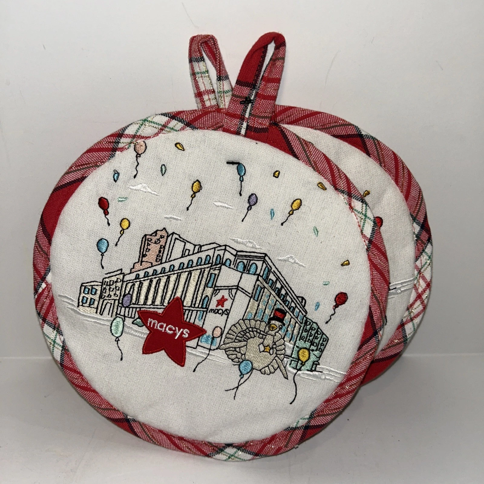 Rare Round Macy’s 2004 Thanksgiving Day Parade Pot Holders Set New Plaid Back