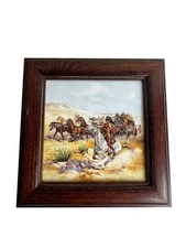 FRAMED ANTIQUE KPM GERMANY PLAQUE, "STAGECOACH ATTACK"Native American Indians