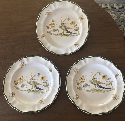 3 - VARAGES  Bird & Butterflies  8  Salad Plates Vieux Provence Green FRANCE