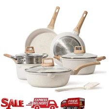 10 Pcs Non Stick Cooking Set Pots and Pans Set w/Frying Pans & Saucepans White