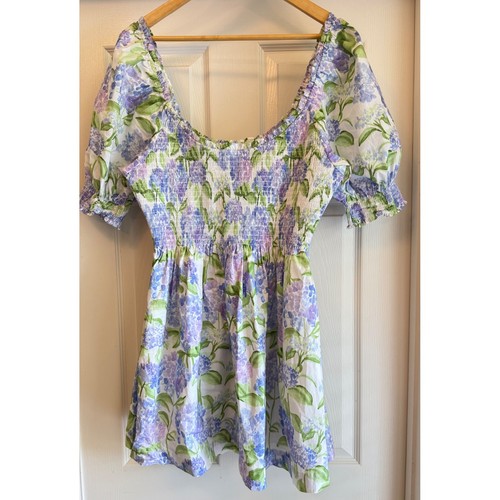 Hill House Home Nap Dress Women XL White Purple Hydrangea Floral Smocked Mini