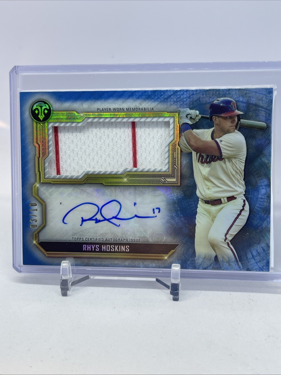 2020 Topps Triple Threads Rhys Hoskins Patch Auto Sapphire #’d 3/10 Phillies view 1