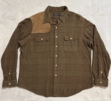 Polo Ralph Lauren Shirt Mens XXL Brown Tweed Shooting Hunting Shoulder Patch