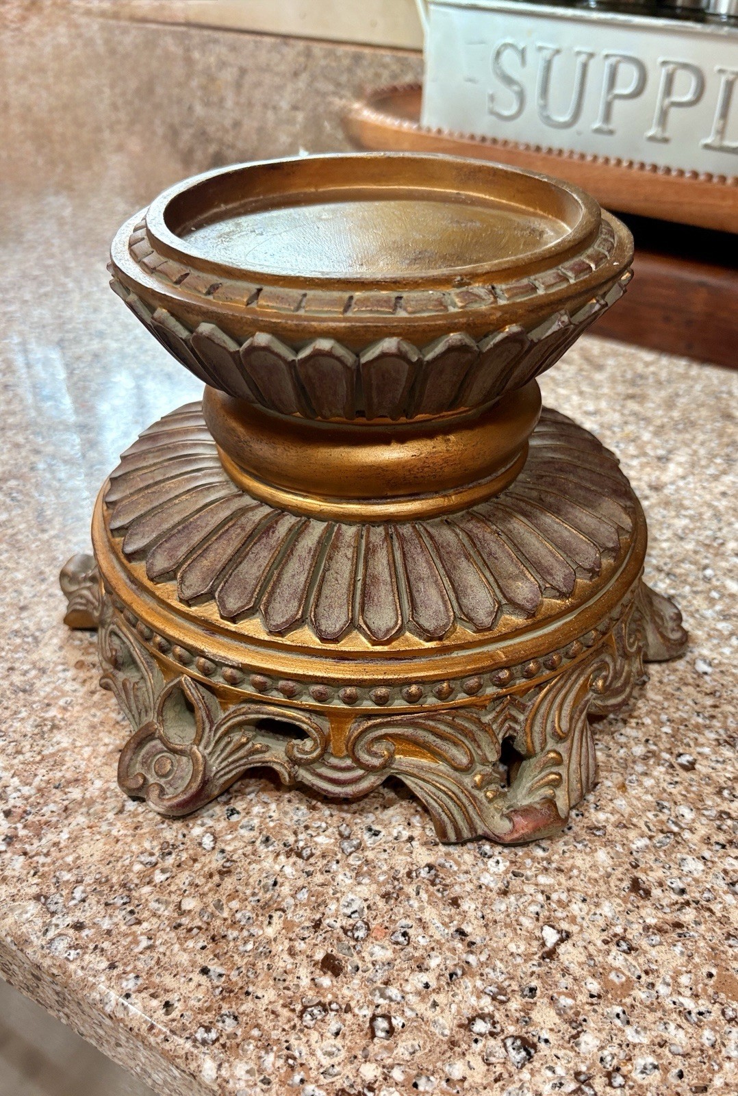 Vintage Ornate Gold Pillar Candle Base Riser Victorian Scalloped 4" Pedestal Tag