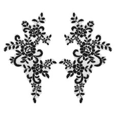 2Pcs Flowers Lace Applique in Black Silver for Wedding Dress, 10x5 inches