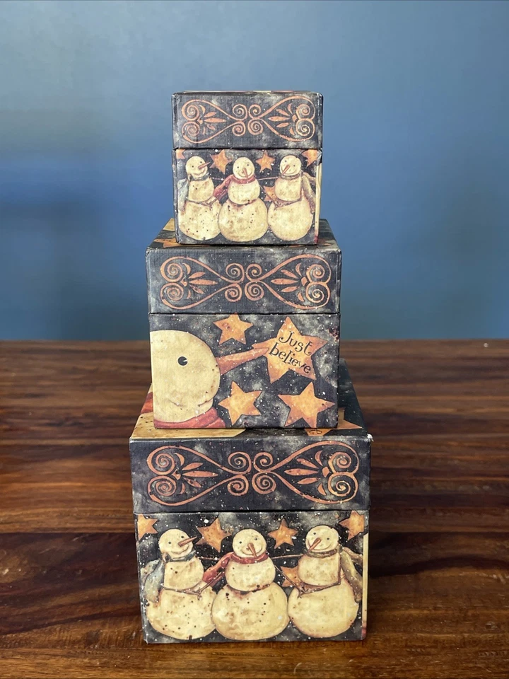 3 Nesting/Stacking Bob’s Boxes Lang Primitive Christmas Snowman 14 Winter Decor - Image 2 of 4