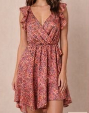 Express Leopard Print Dress Size M Ruffle Sleeve V Neck Flowy Mini