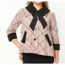 Unique Vintage Xs Pink Plaid Collar 3/4 Sleeve Retro Pinup Coat Jacket Nwt B115