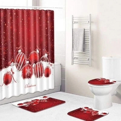 FANTIC Christmas Curtain Shower With Hook Toilet Seat Cover Mat Pads Bathroom Rug Set