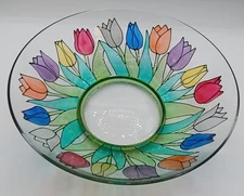 Large Glass Hand Painted Multi color Tulip Bowl 10 1/2"