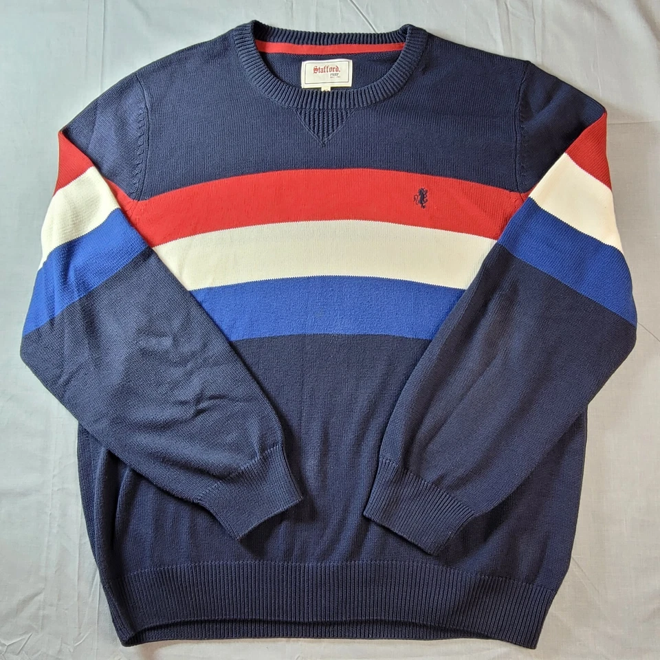 Stafford Pullover Sweater Mens  XL Striped Knit Preppy College Red White Blue  - Image 2 of 4