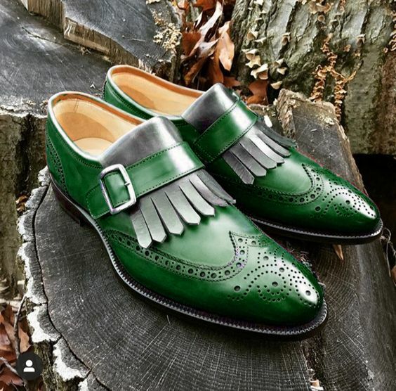 Men's Green Wing Tip Brogue Fringes Monk Strap Dress Shoes, Real - Main Image