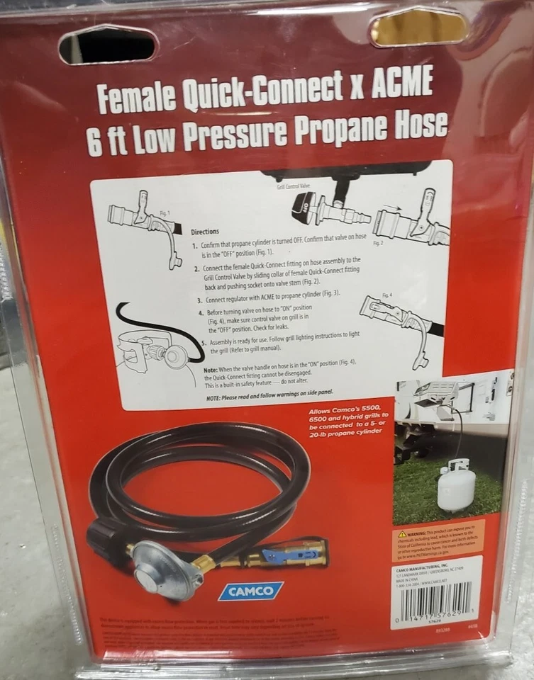 Camco 57629 Gas Regulator & 6' Hose  Female Quick Connect ACME RV Grill Heater - Image 2 of 4