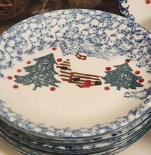 Tienshan FolkCraft Cabin in the Snow Christmas Set of Salad Plates Excellent 