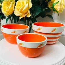 Terramoto Ceramic Spring Easter Bunny's Carrot 3 Nesting Bowl Set, Multi-Purpose