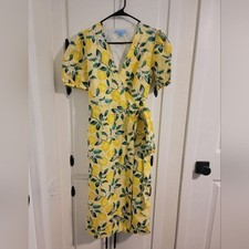 Draper James 100 Linen Lemon Fruit Print True Wrap Puff Sleeve Midi Dress 0