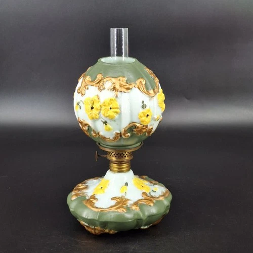 Antique Miniature Victorian Hand-Painted Milk Glass Oil Lamp Floral Kerosene