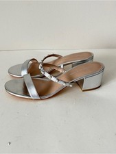 NEW Stuart Weitzman Goldie Silver Pearl-Embellished Block Heel Sandals, Sz 8