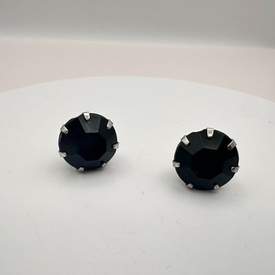 Vintage Y2K Silver Tone Round Black Rhinestone Stud Earrings Women's Jewelry