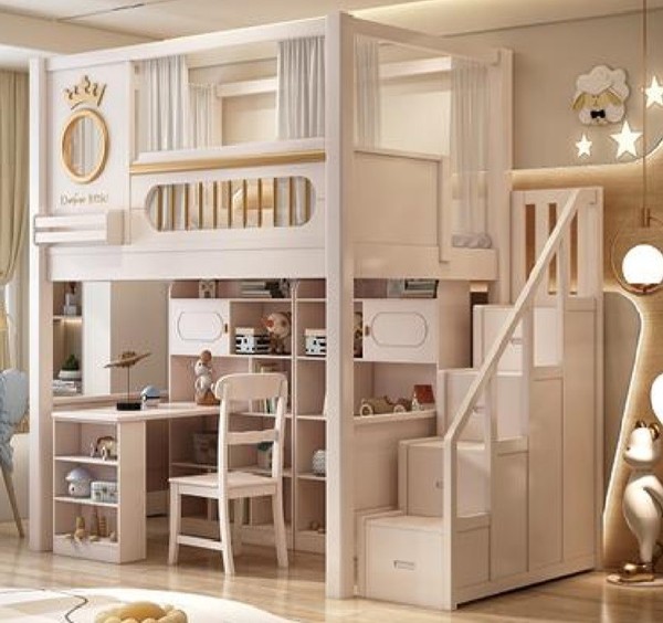 Kinderbett Jugendbett Etagenbett Holz Weiß Hochbett Mit Schreibtisch-image