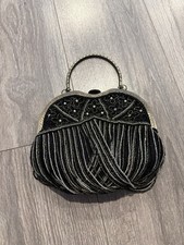 Vintage Beaded Evening Bag Art Deco Flapper Style Kiss Lock Purse Black Gatsby