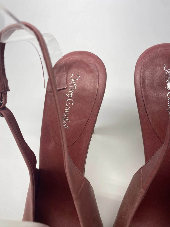 Sandália Jeffrey Campbell Feminina SNOAH Couro Dusty Berry Peep Toe Salto Alto Tamanho 8 - Imagem 4 de 4