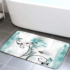 Rustic Farmhouse Bath Rug, Farm Teal Daisy Floral Flowers and Butterfly on Count