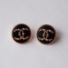 Set of 2 Chanel Buttons, Black, Gold, Round, Rhinestone & Enamel, 20mm, Stamped