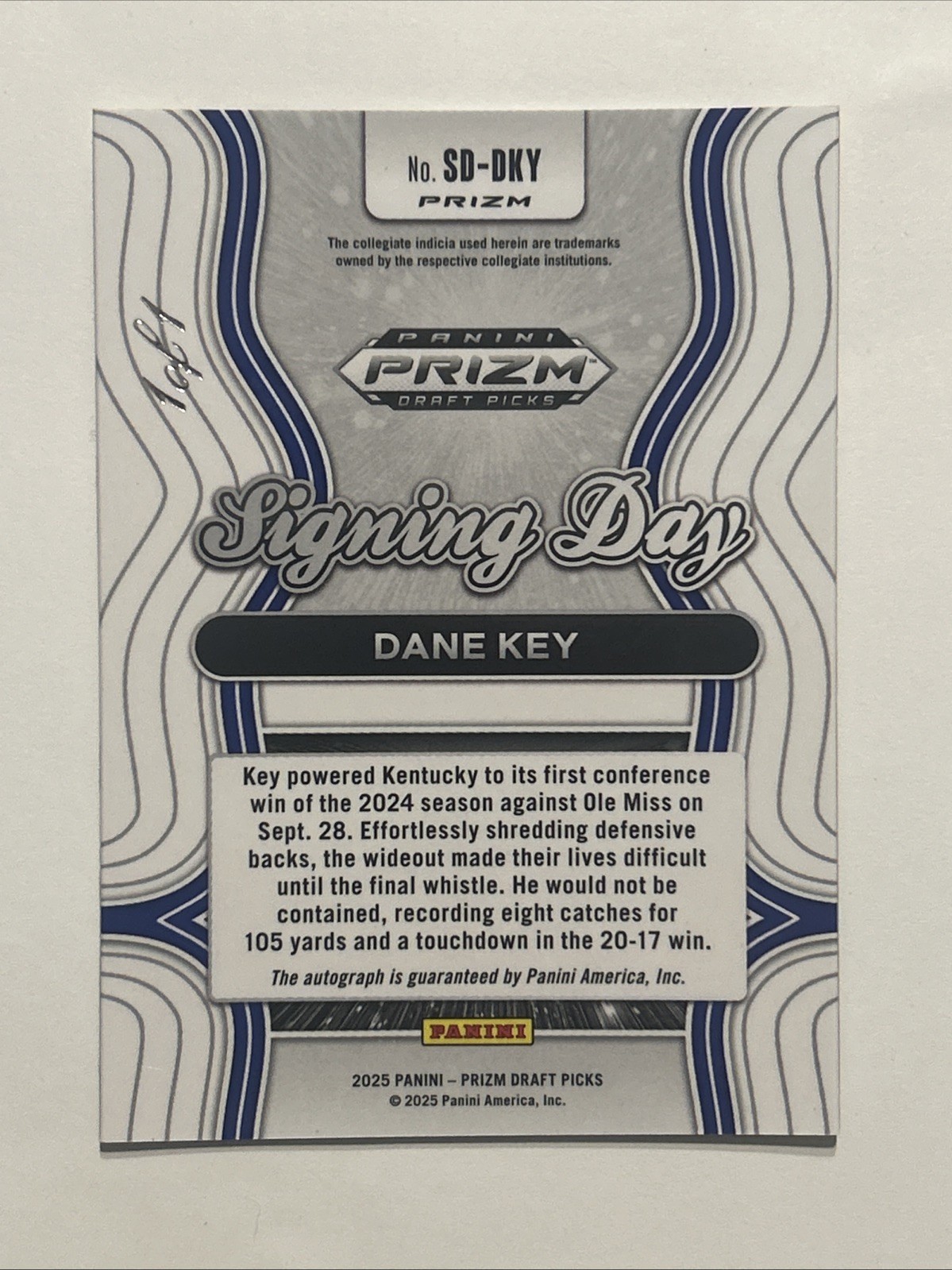 2025 Panini Prizm Draft Picks - Signing Day Dane Key Gold Vinyl Auto 1/1 view 2
