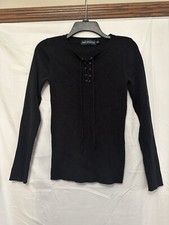 525 America Womens Black Long Sleeve Henley Tie Front Ribbed Top Size Small