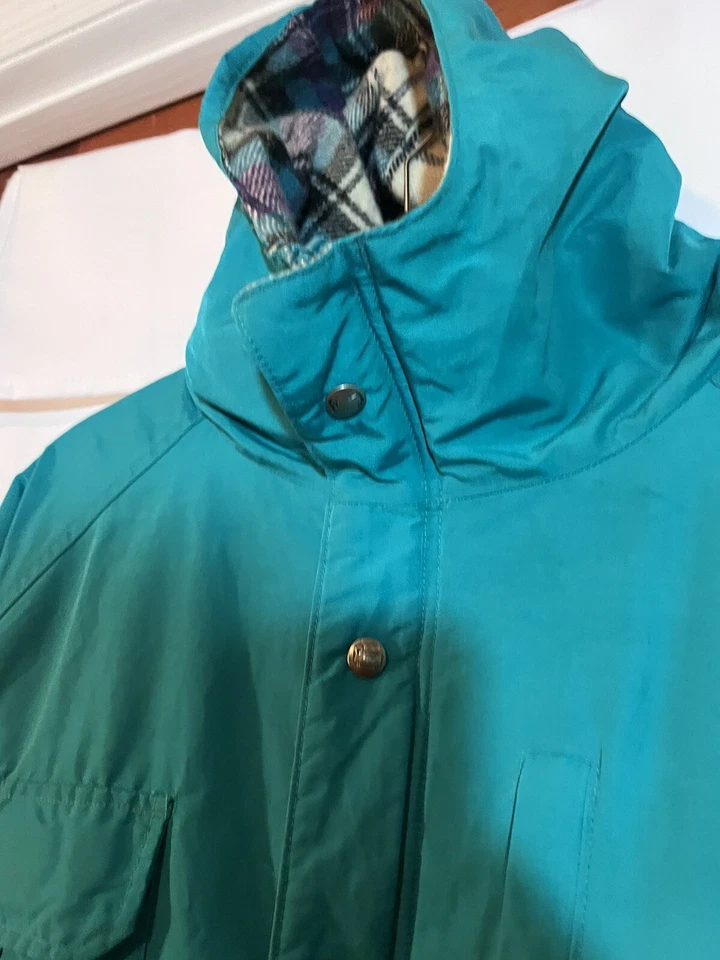 复古美国羊毛蓝绿色法兰绒羊毛衬里派克大衣雨衣连帽夹克女式 XL — 第 4/4 张图片