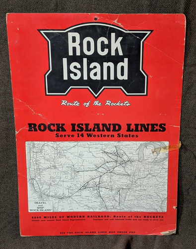 Rock Island Lines cardboard sign Route of the Rockets w/info written on the back